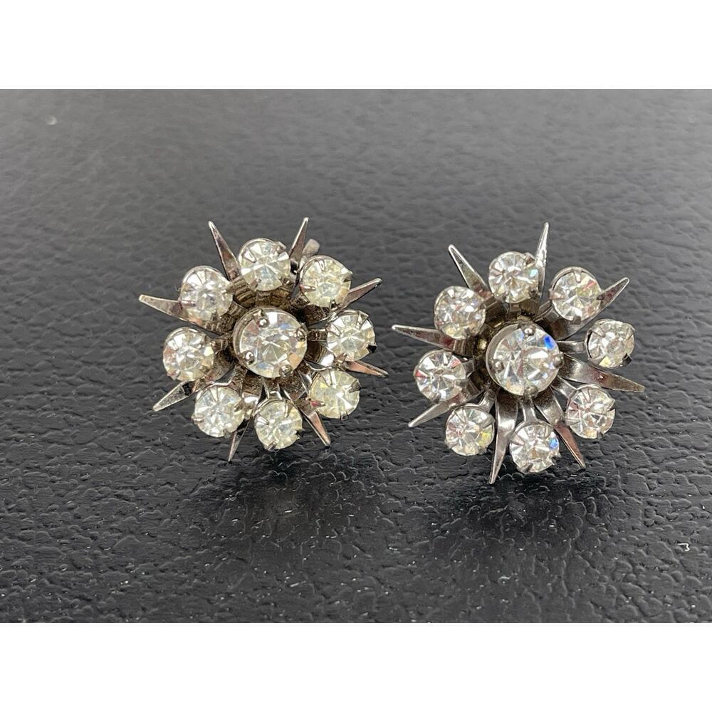 Vintage Atomic Starburst Rhinestone Layered Screw Earrings Prong